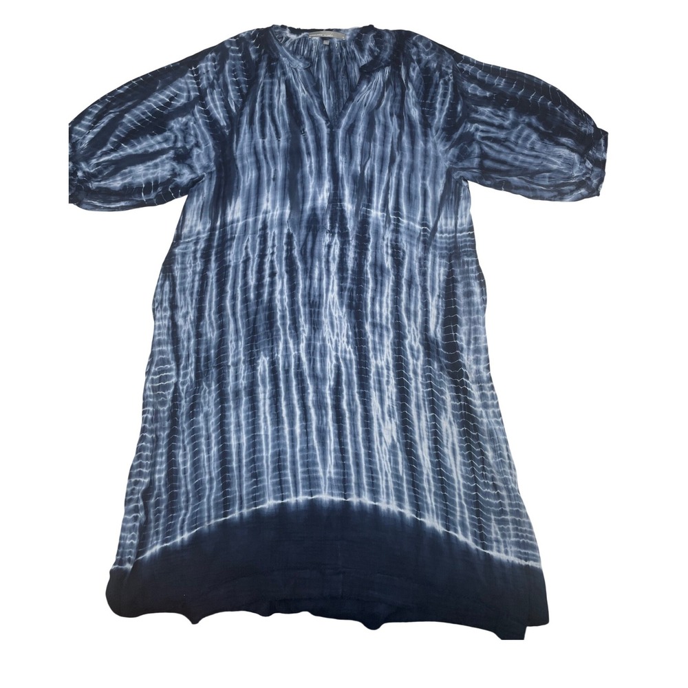 Ocean+Main Dress 1X Blue Good Tie Dye Gauze Caftan Split Neck Cotton Made in USA